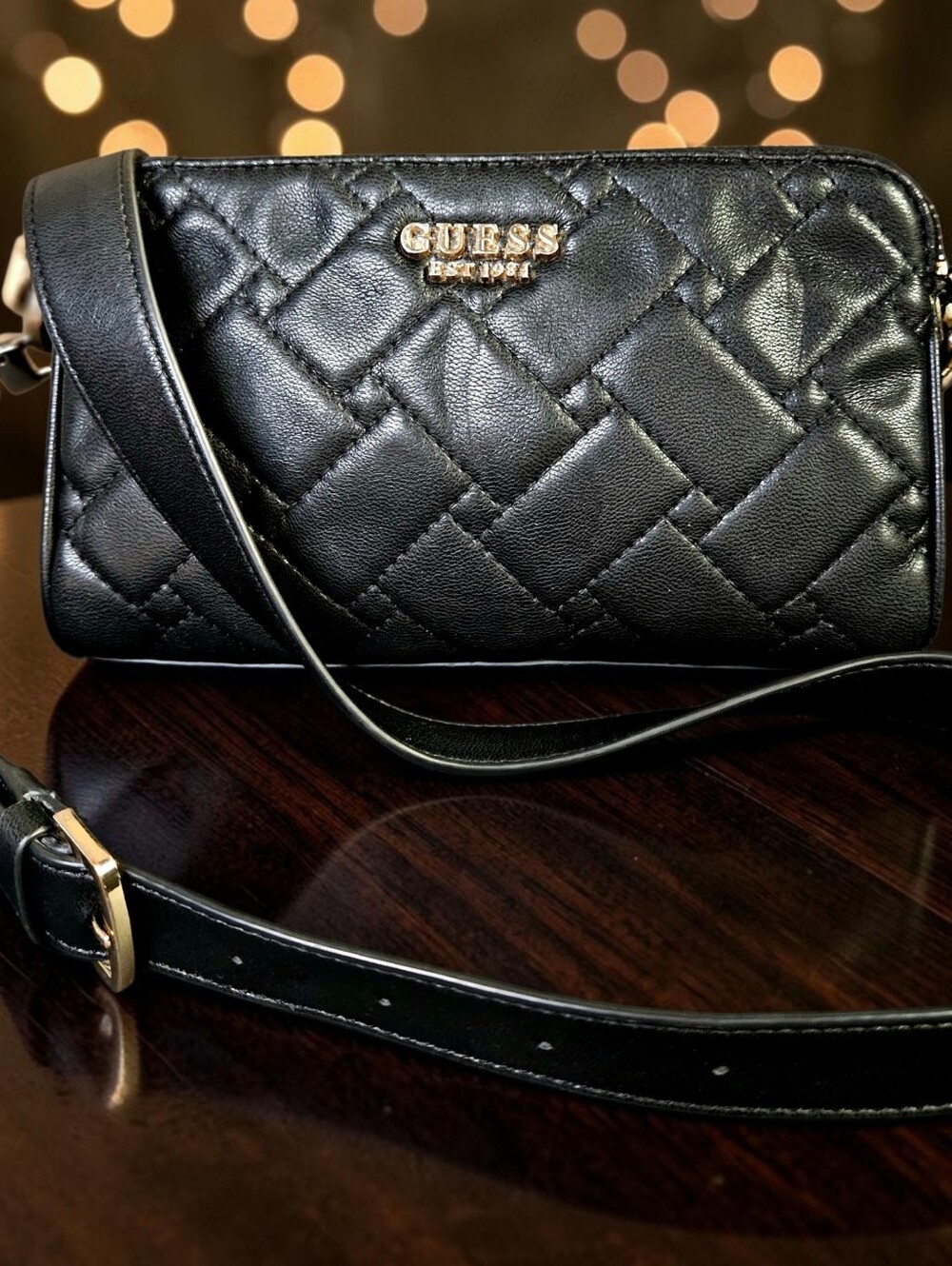 GUESS Alanna Mini Status Quilted Crossbody Bag- Black